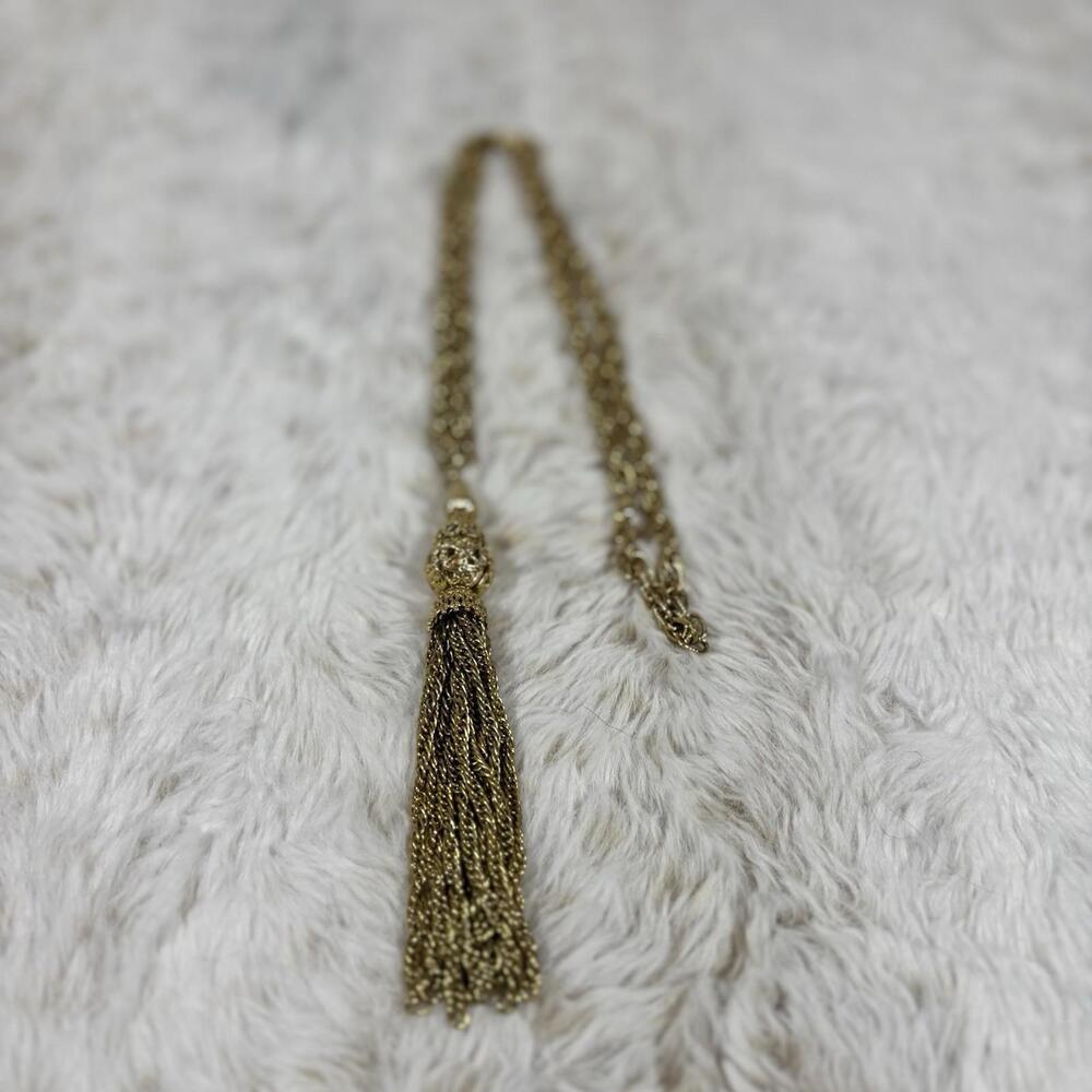 Vintage Gold Tone Long Tassel Necklace Boho Filigree Chain 1960s 1970s